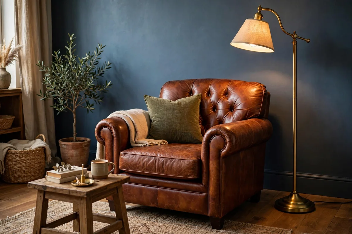 Cognac leather chair with slate blue walls