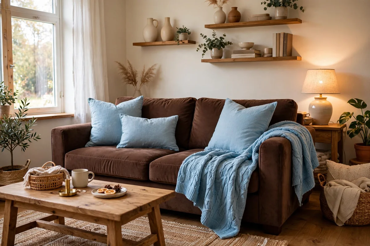 Chocolate brown furniture with sky blue accents