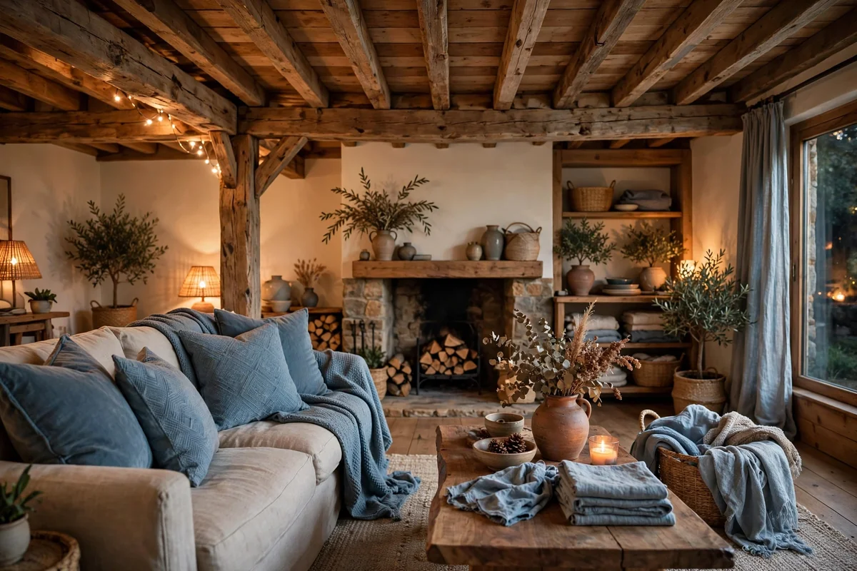 Wood beams with blue textiles