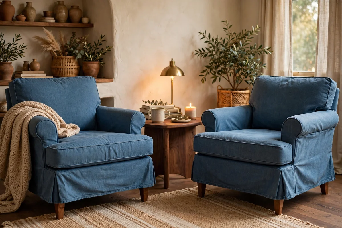 Denim blue upholstery with walnut furniture