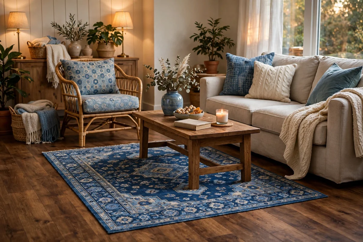 Blue rug on brown wood floors
