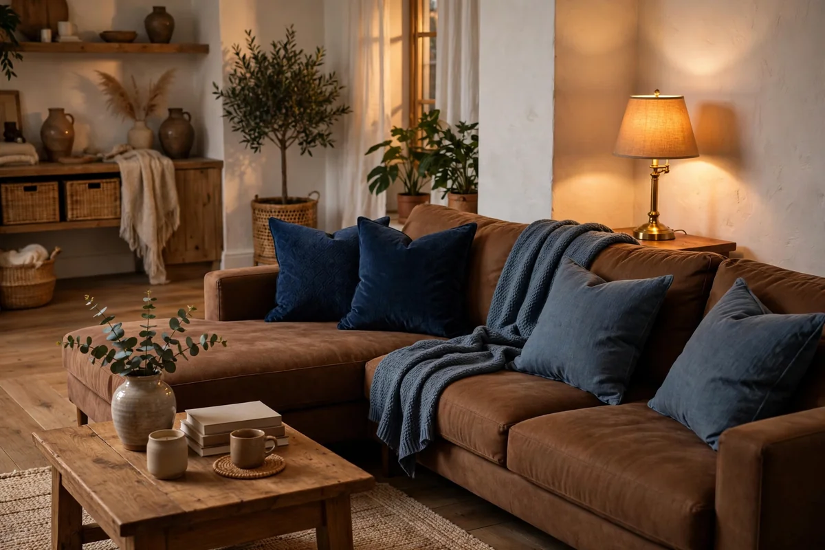 Brown sectional with blue pillows
