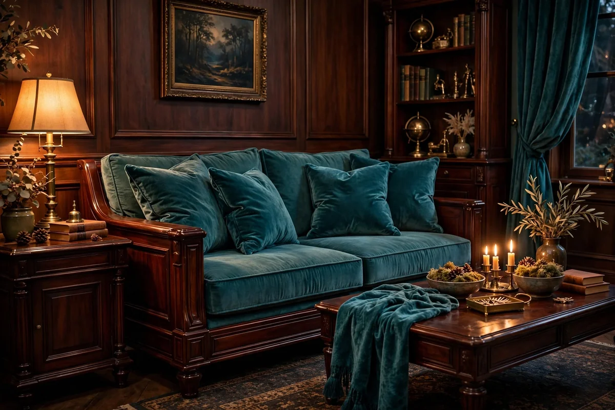 Teal accents with dark wood furniture