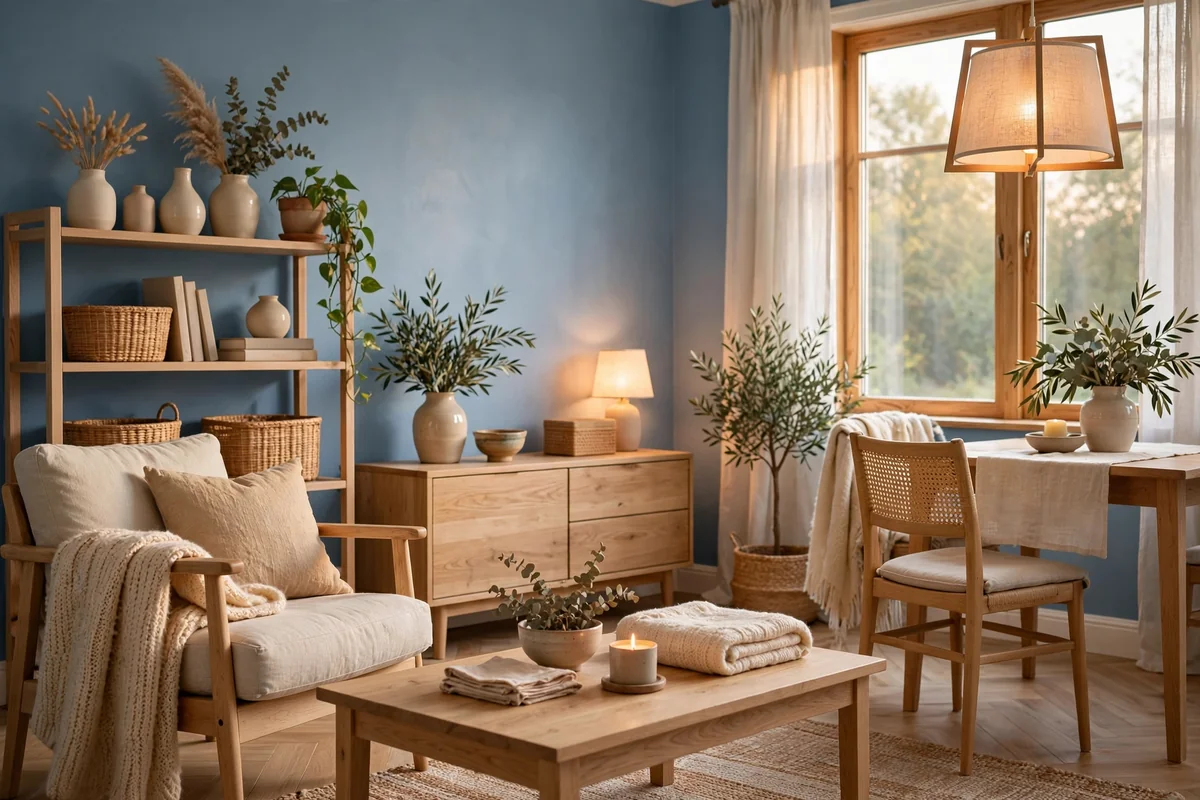 Powder blue with light oak furniture