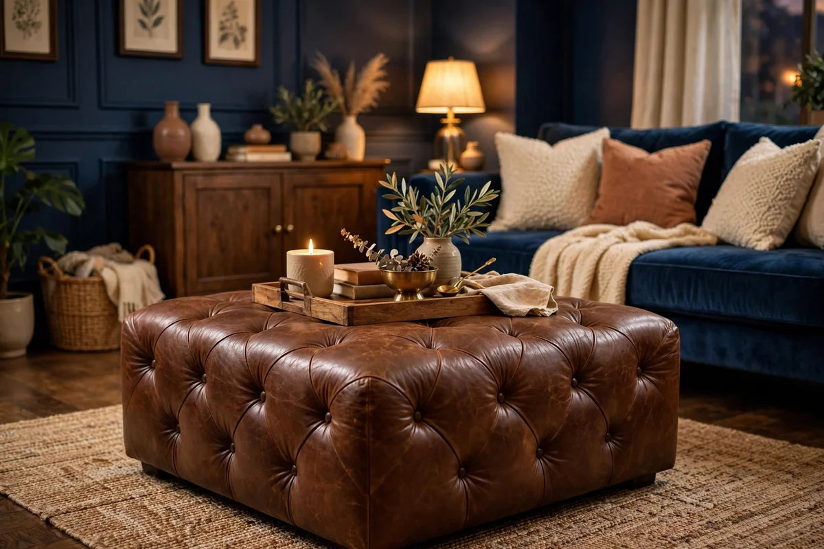 Leather ottoman in blue living room