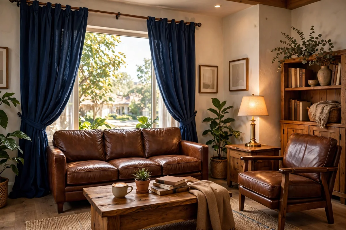 Blue curtains with brown furniture