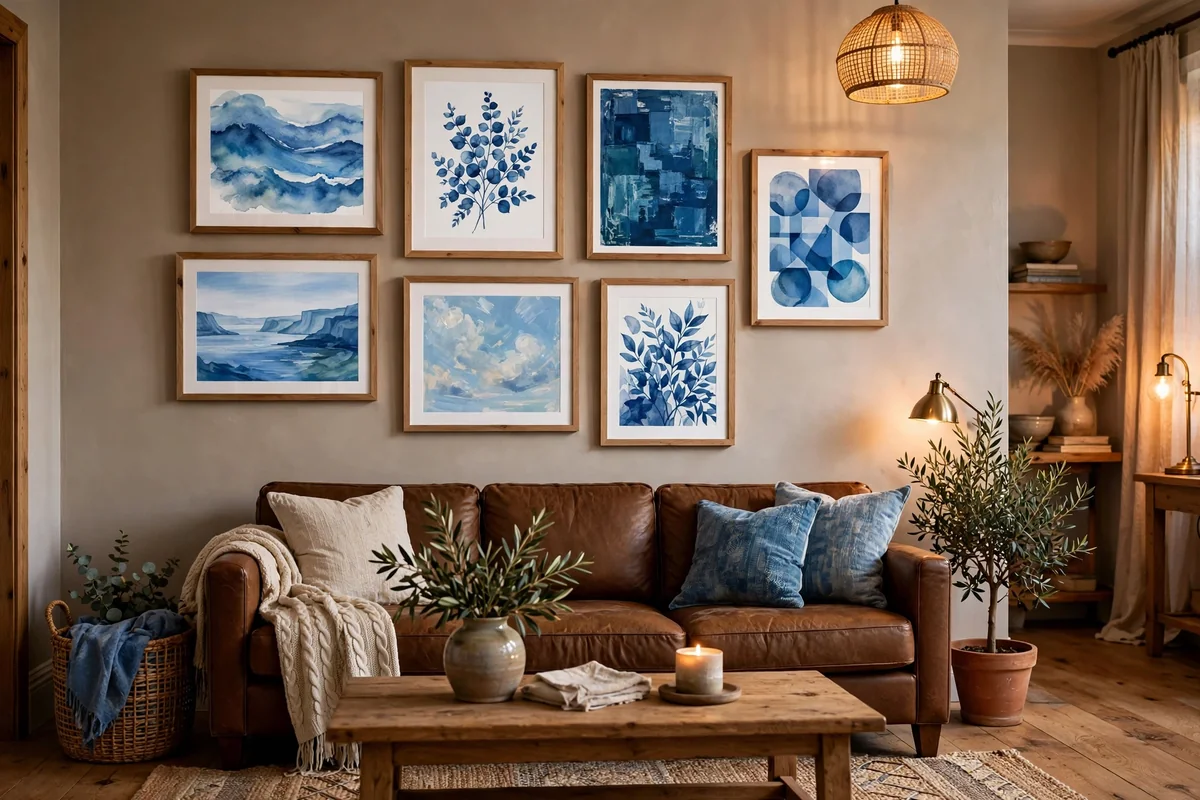 Gallery wall in blue tones