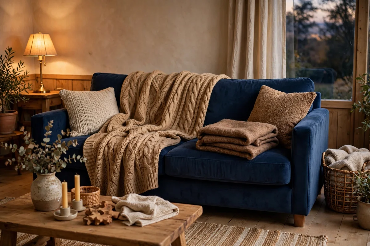 Brown throws on blue sofa