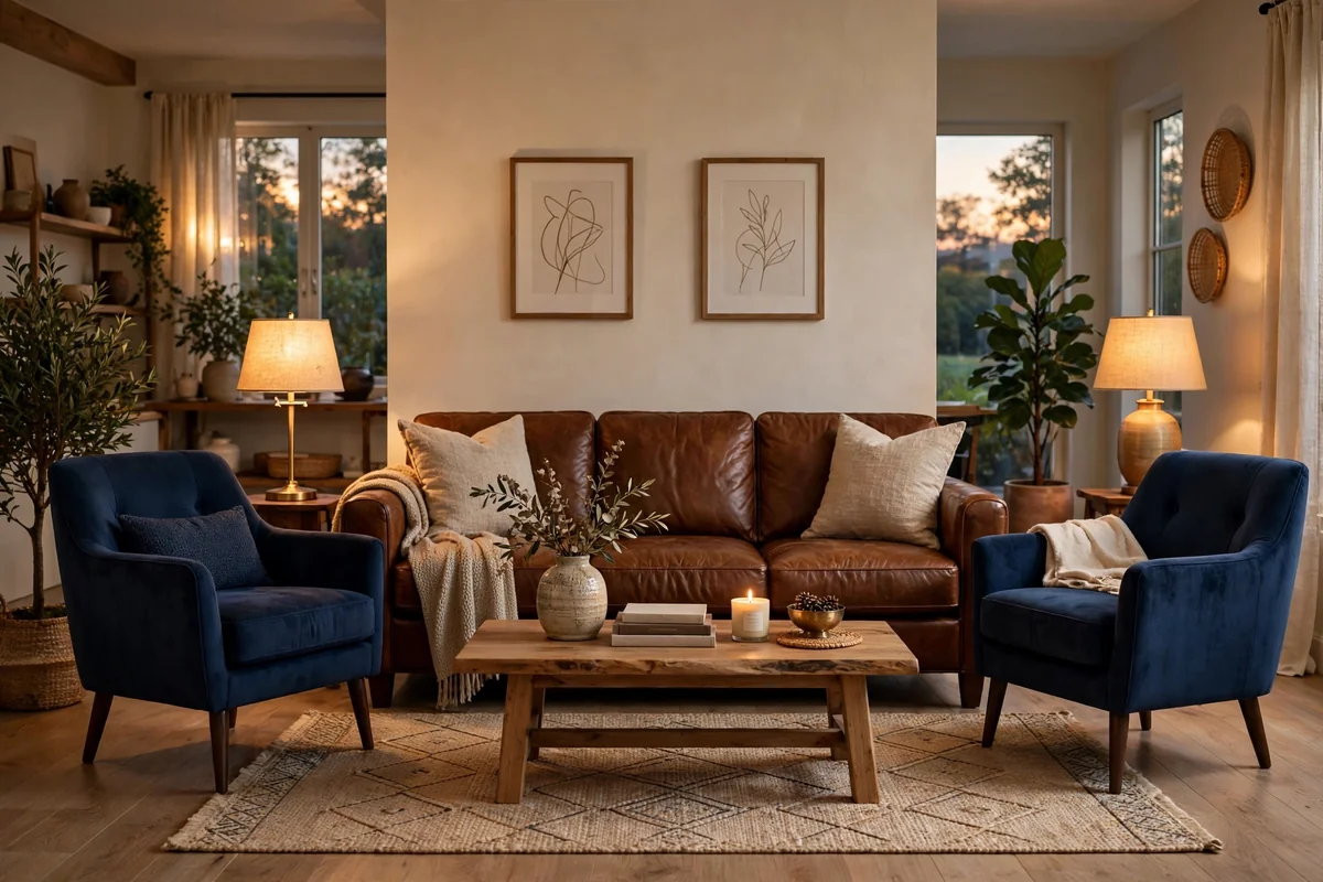 Blue accent chairs with brown sofa