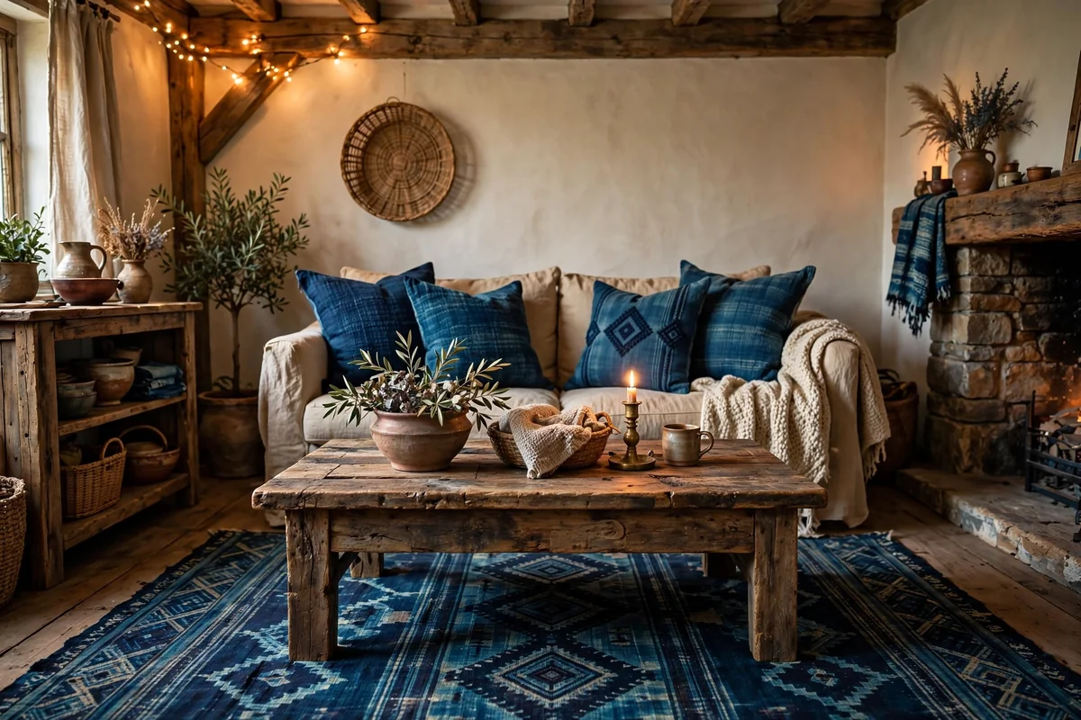 Rustic brown and indigo living room