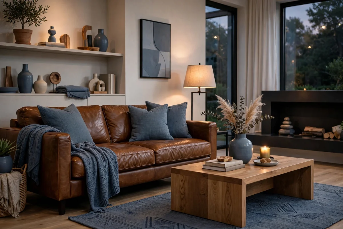 Modern brown and blue living room