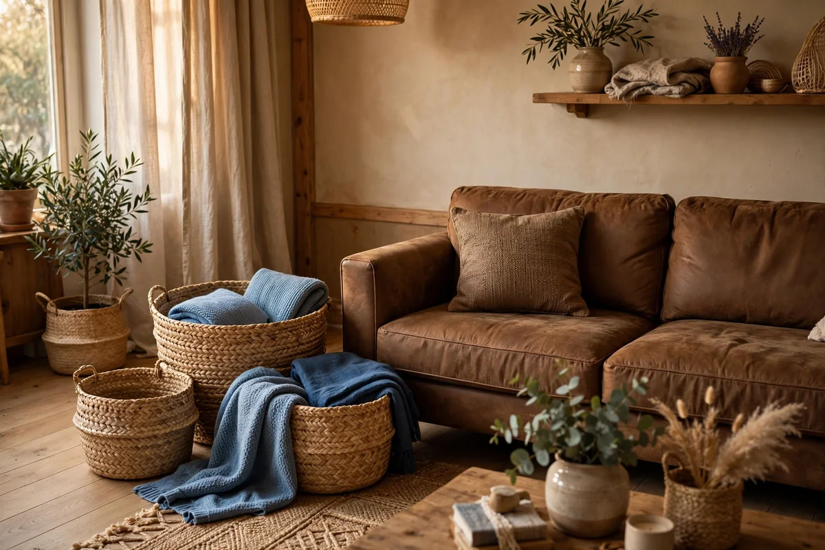 Woven baskets with blue textiles