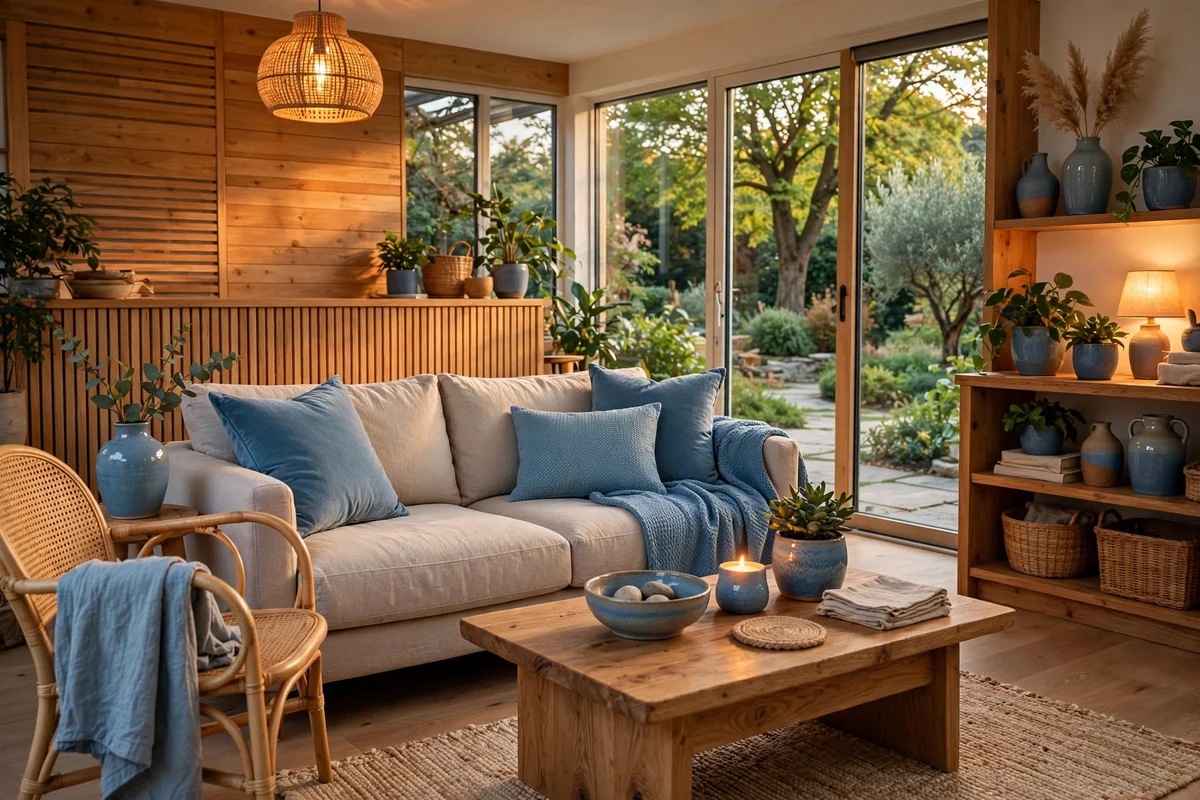 Outdoor blues with wood tones