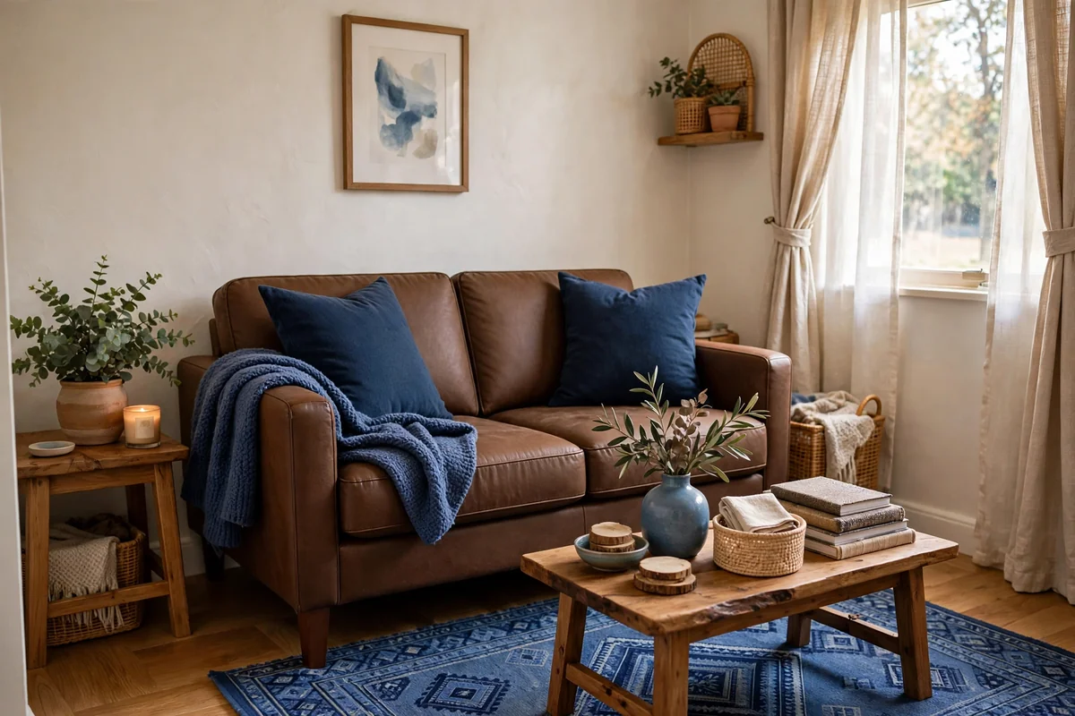 Brown and blue in a small living room