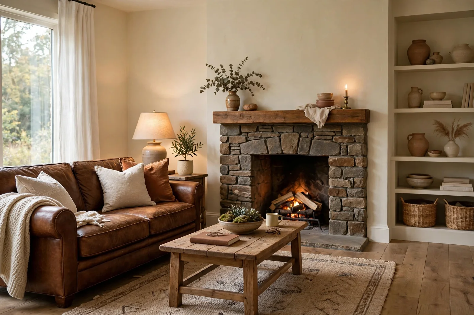 Living room with a brown leather couch, cream walls and a stone fireplace