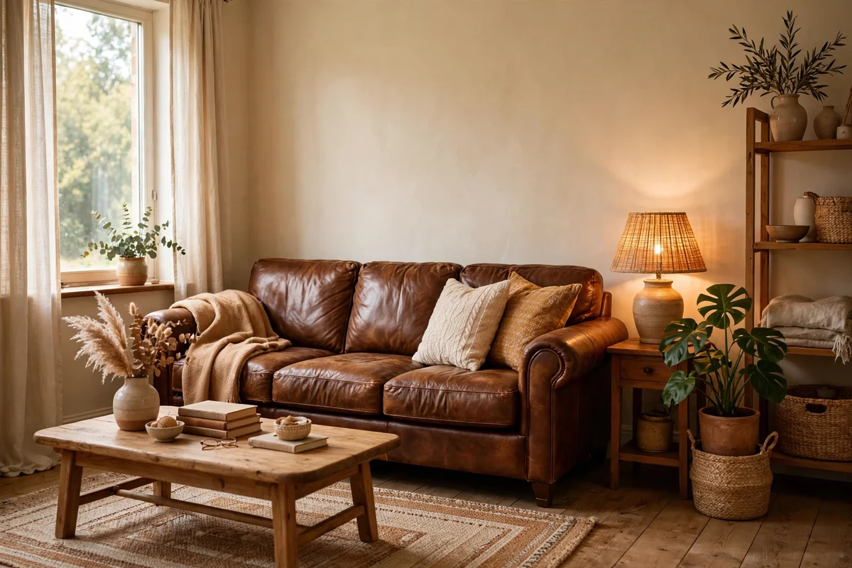 Brown leather couch with warm cream walls