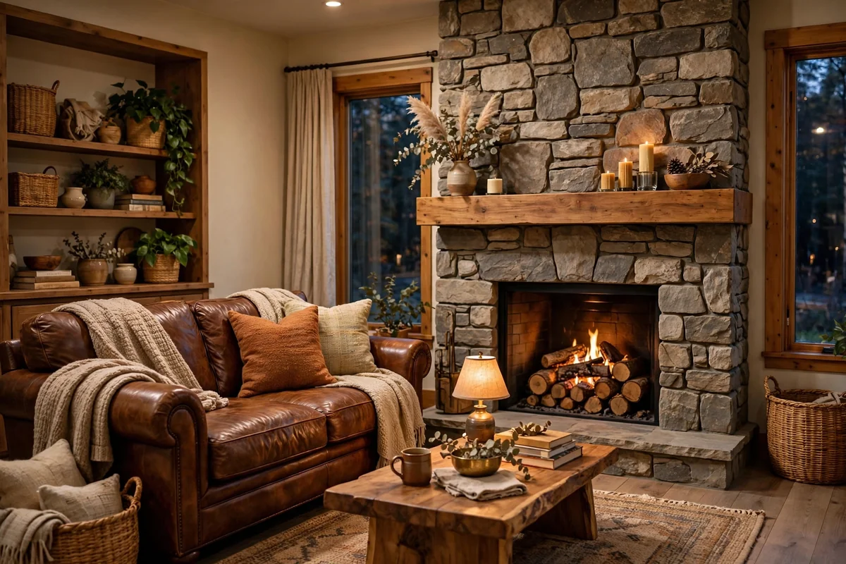 Brown leather couch beside a stone fireplace