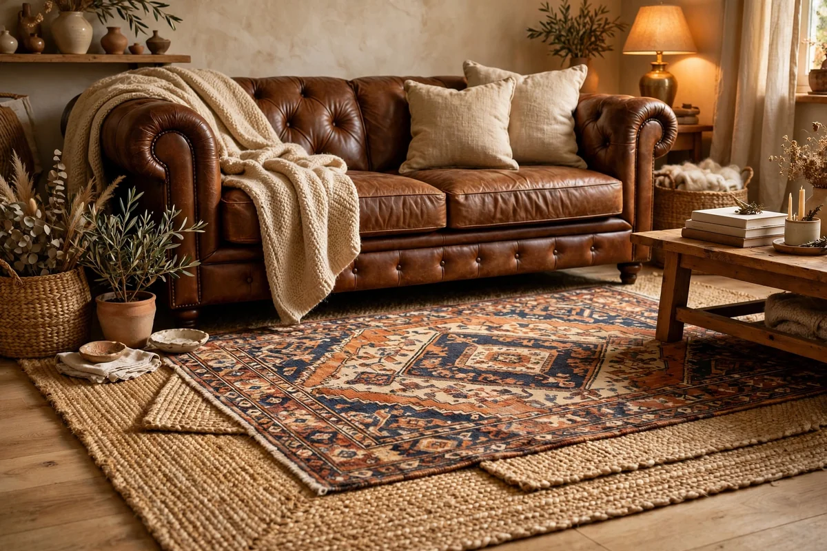 Layered rugs under brown leather couch