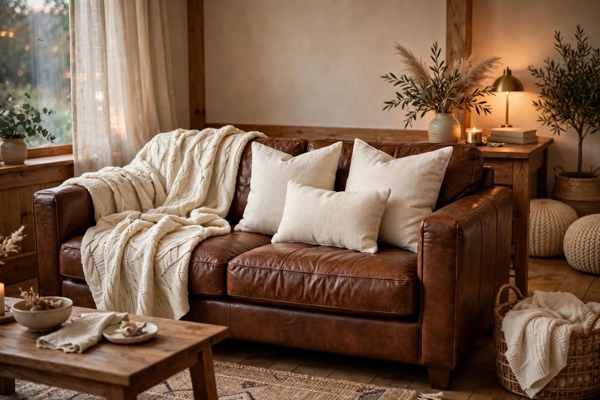 Cream textiles on brown leather couch