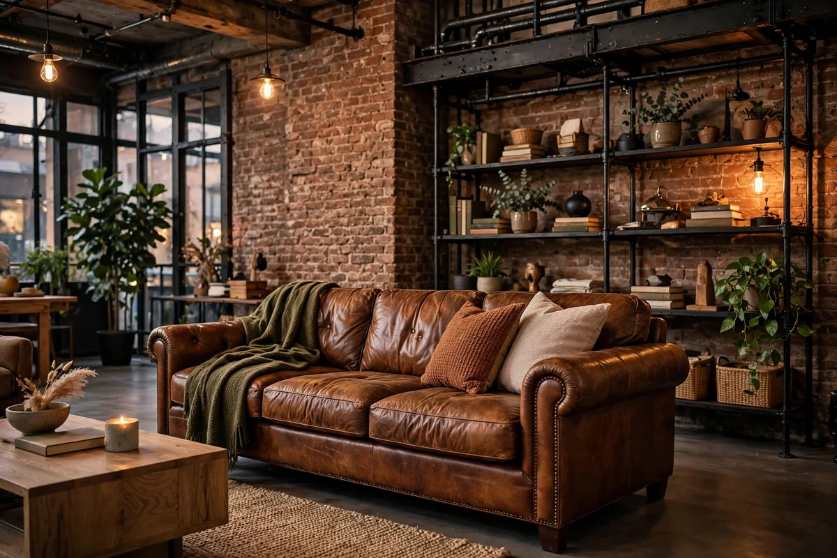 Brown leather couch in industrial living room
