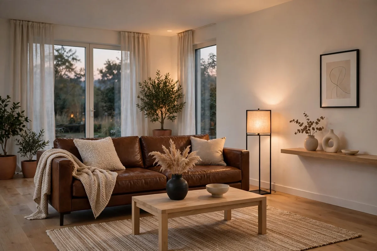 Brown leather couch in modern minimalist room