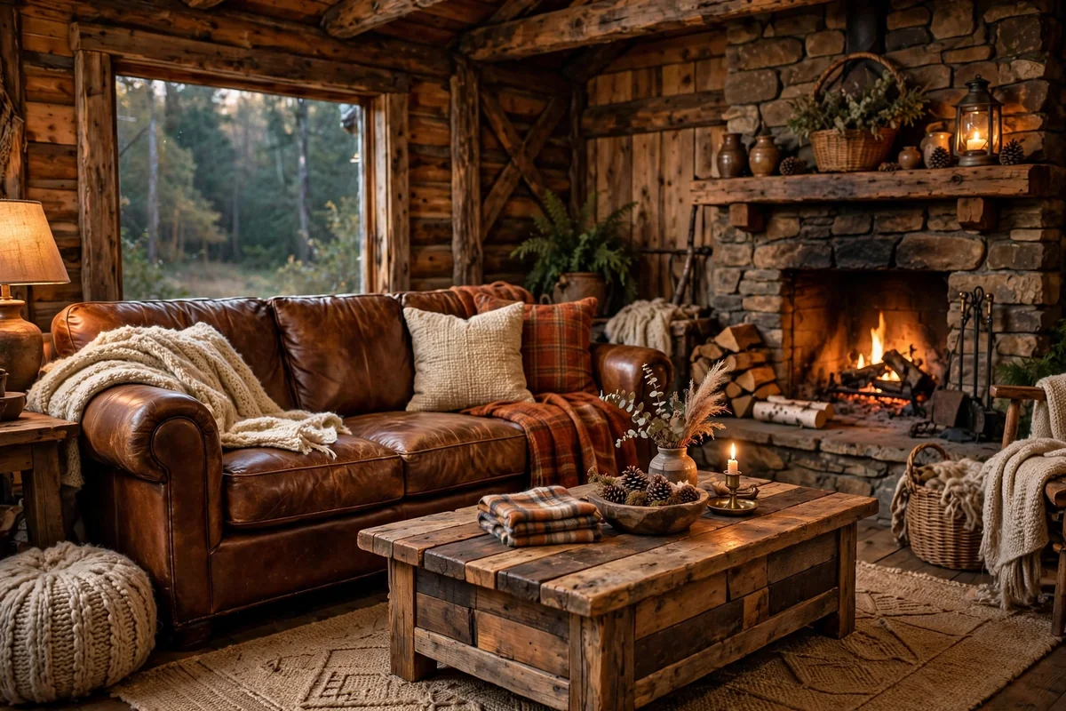 Brown leather couch with rustic wood accents