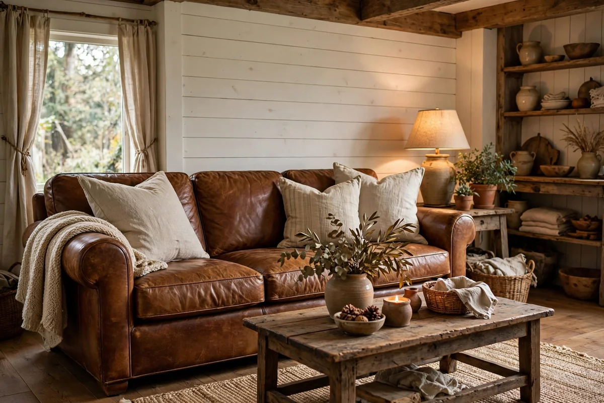 Brown leather couch in farmhouse living room