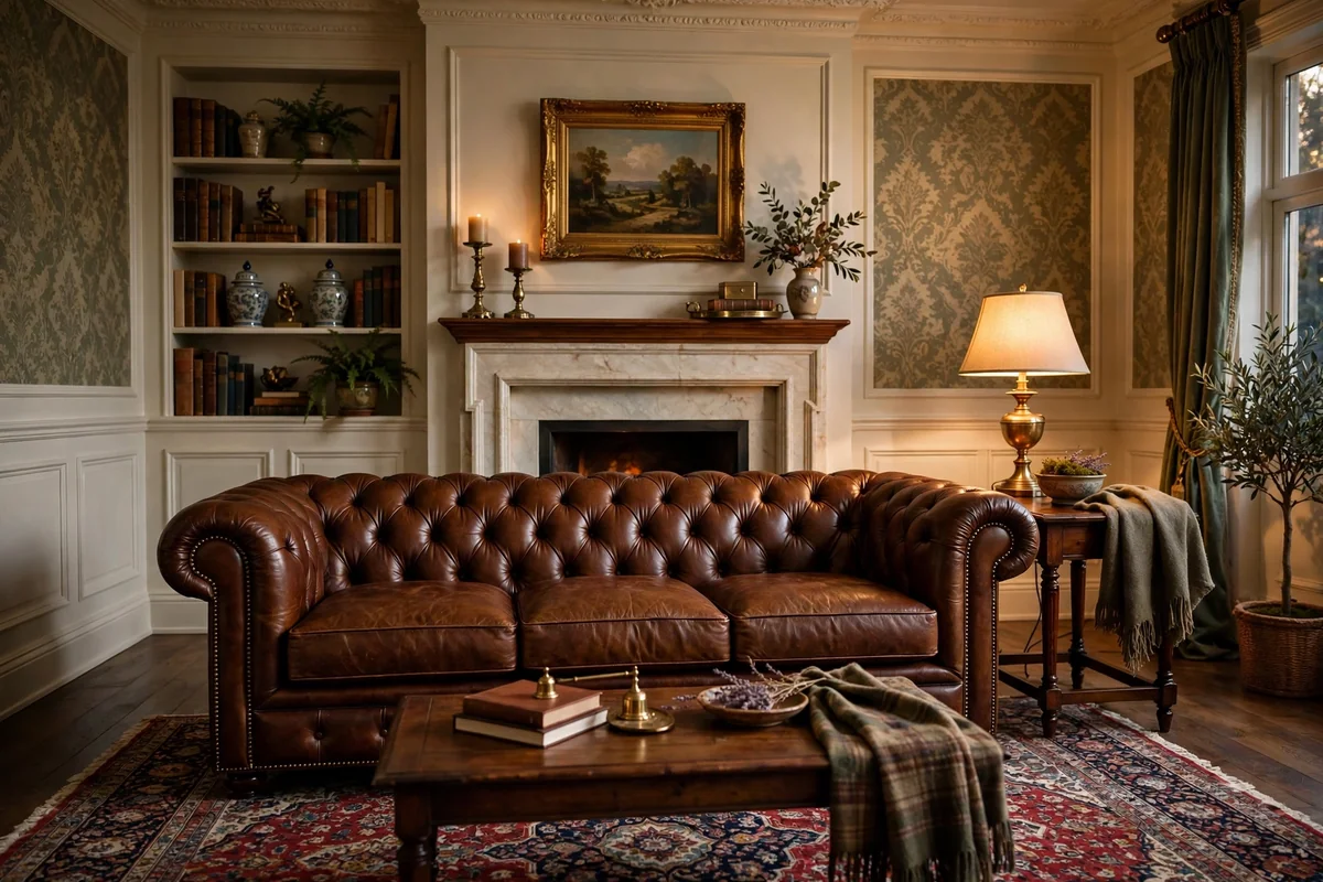 Brown leather couch in traditional living room