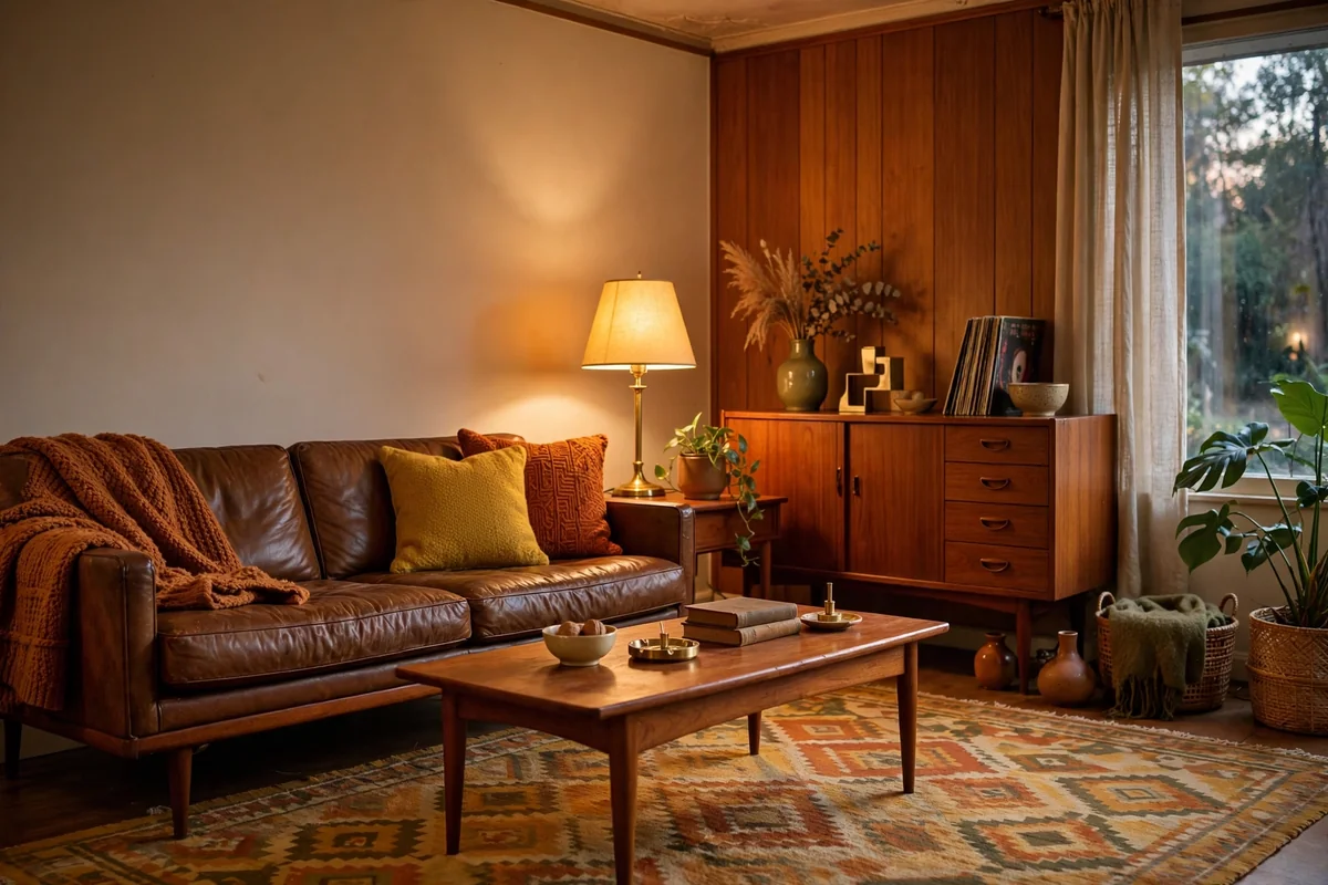 Brown leather couch with mid-century modern decor