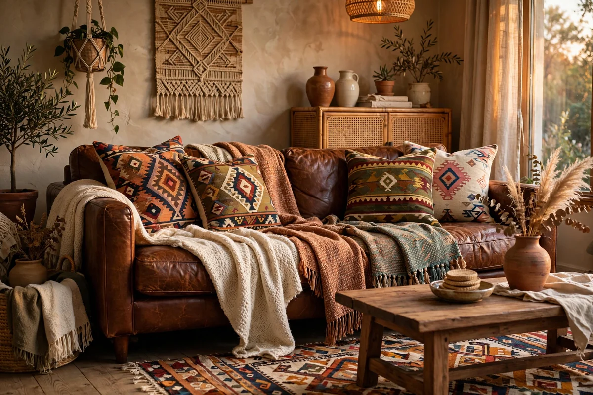 Brown leather couch with bohemian layers