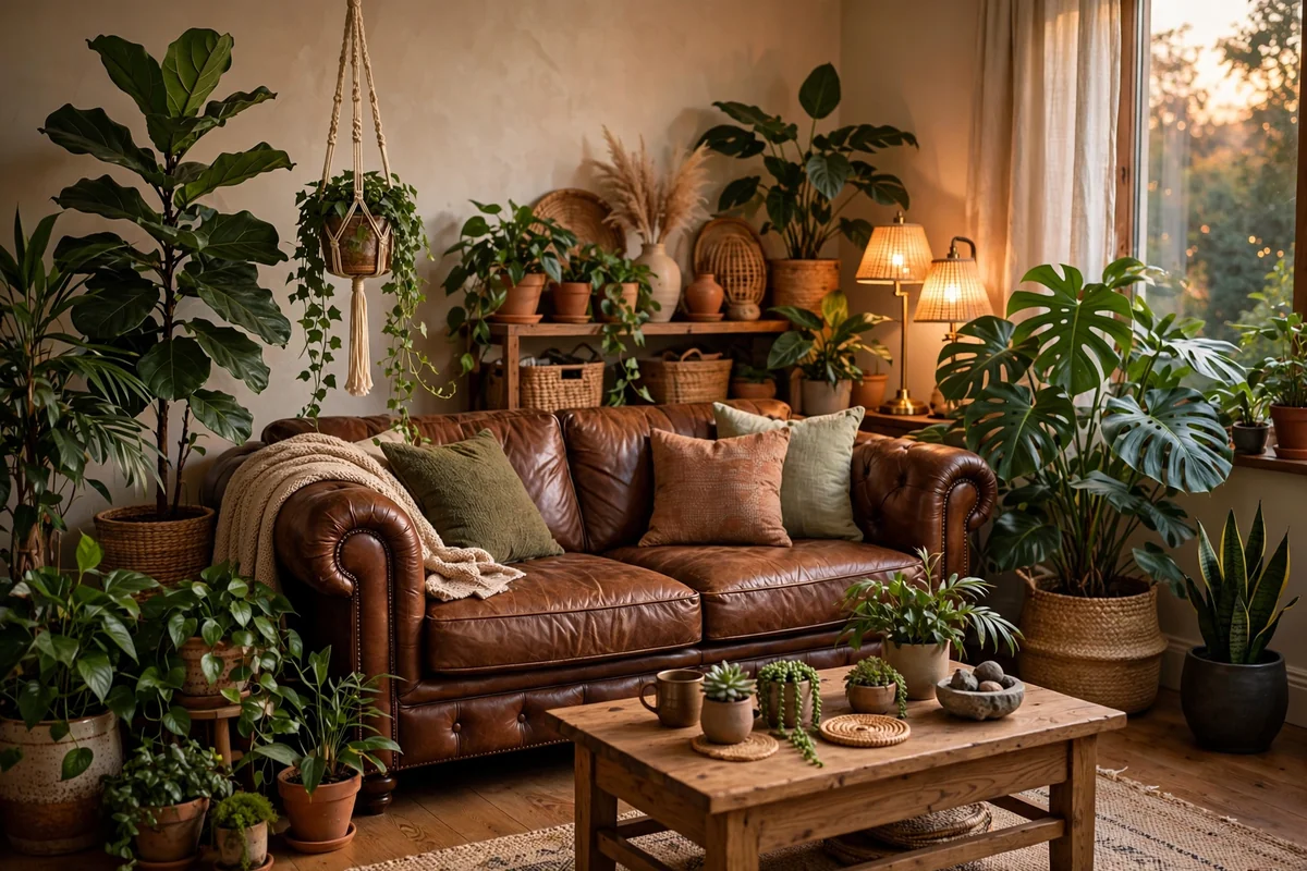 Brown leather couch surrounded by green plants