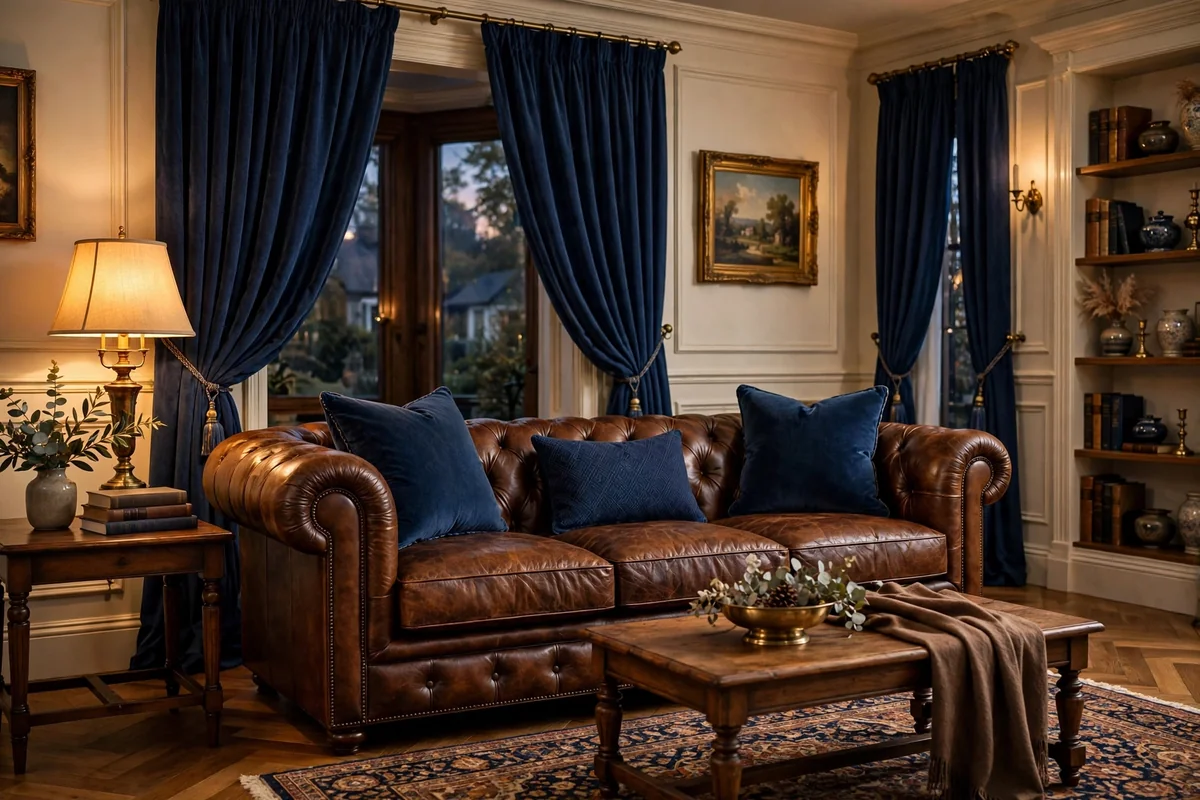 Brown leather couch with navy blue accents