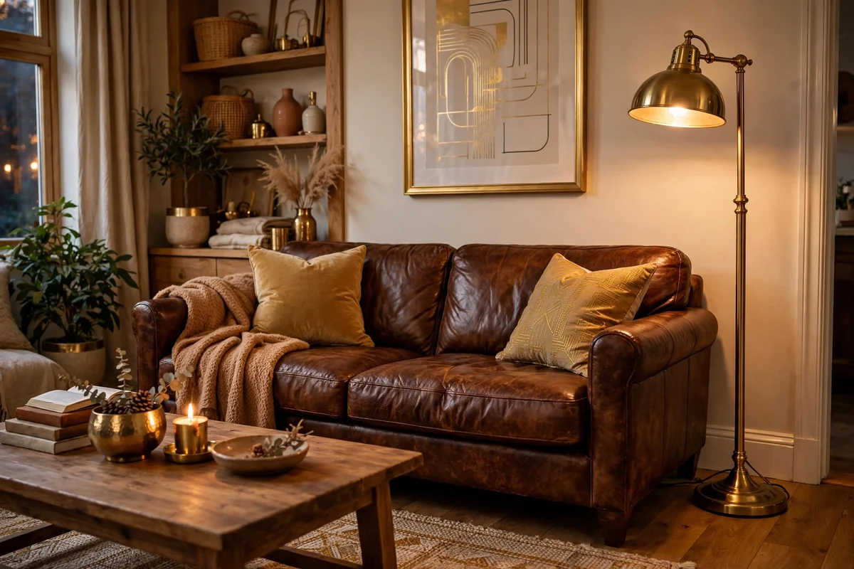 Brass accents with brown leather couch