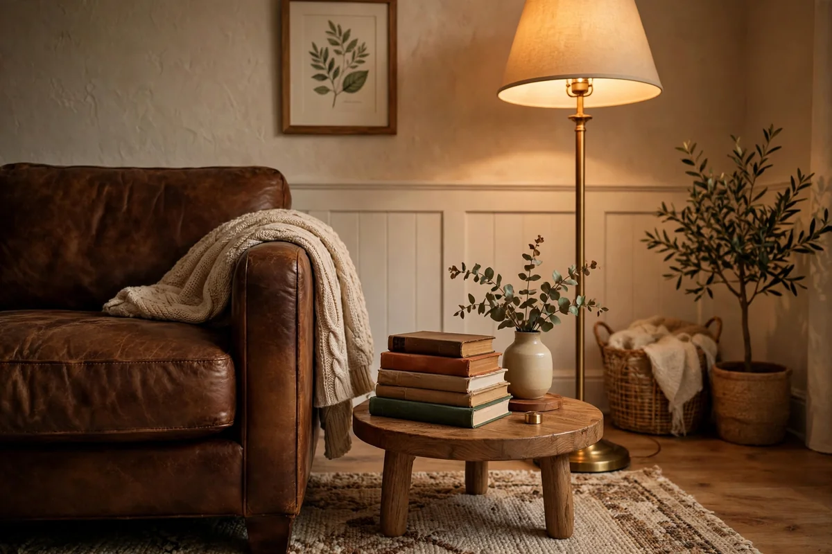 Reading corner with brown leather couch