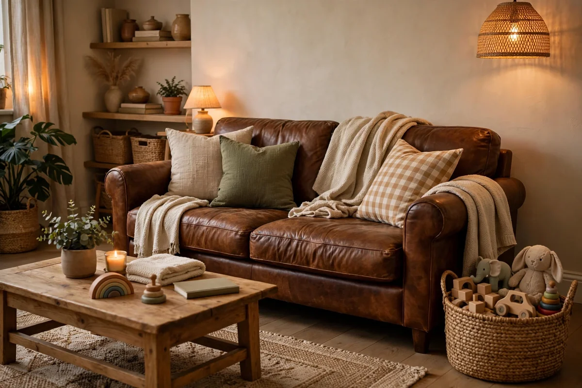 Brown leather couch in family living room