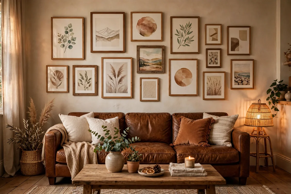 Gallery wall above brown leather couch