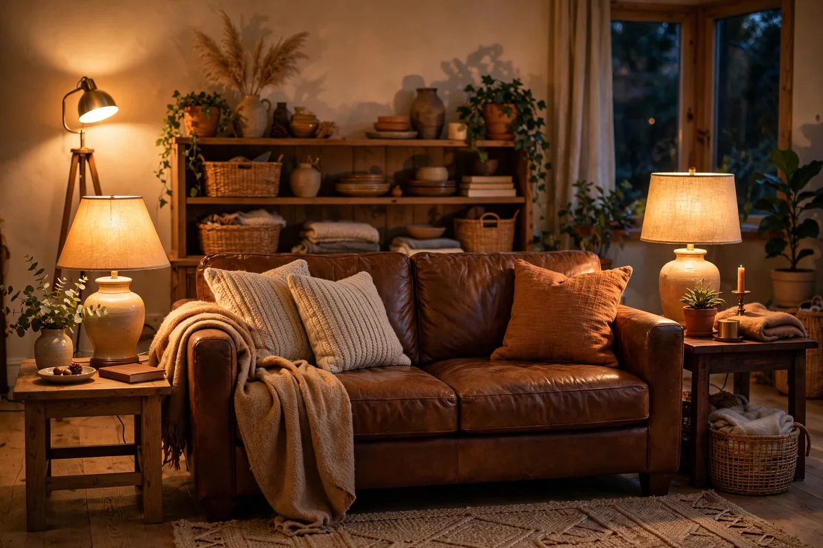 Warm lighting around brown leather couch