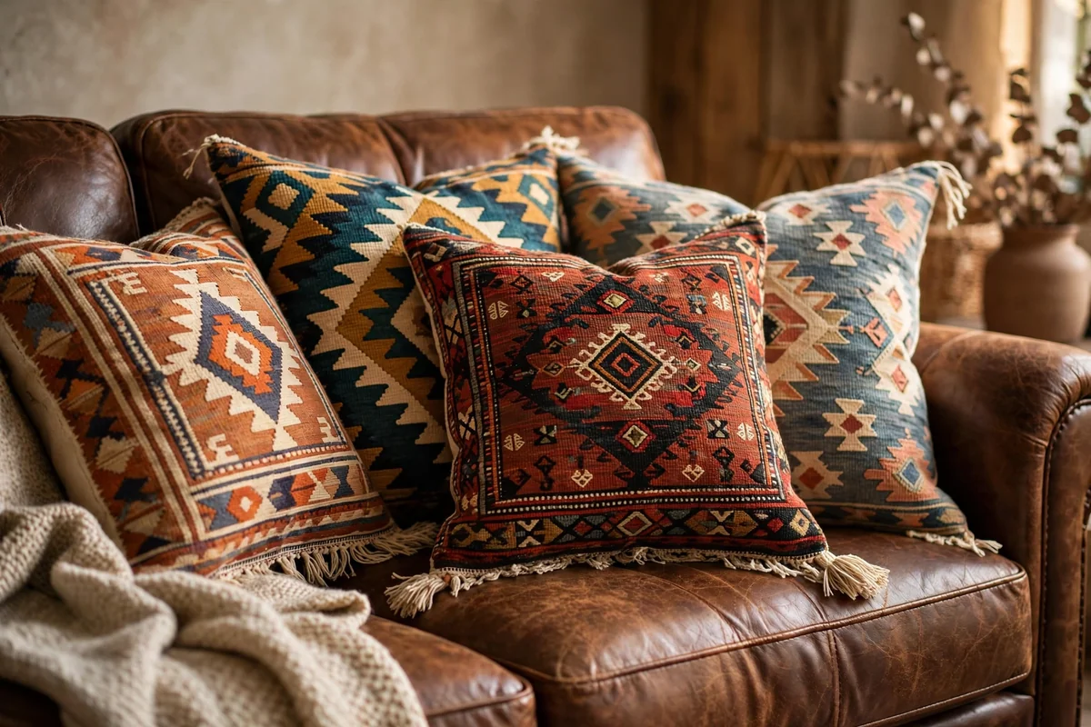Patterned pillows on brown leather couch