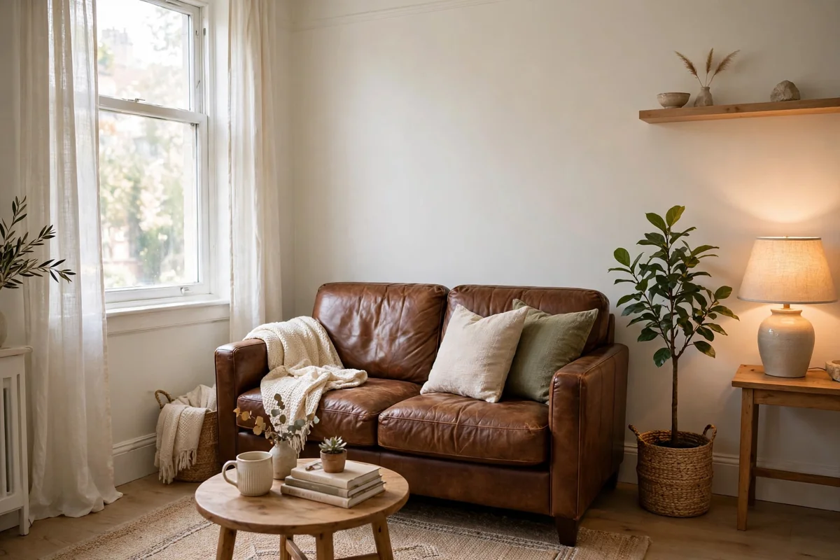 Brown leather couch in a small living room