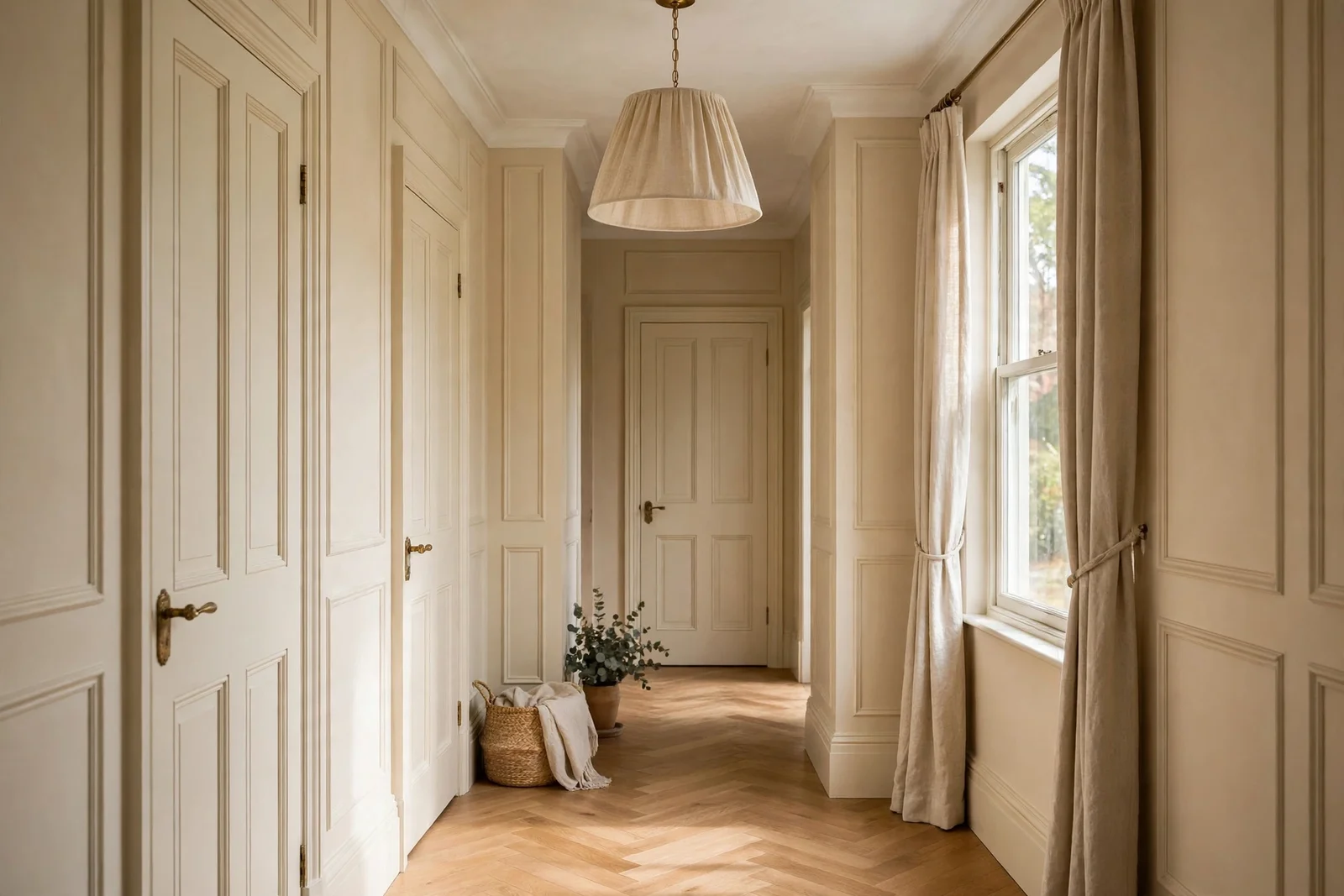 Warm hallway with tall skirting, panelled doors, brass handles and linen pendant shade