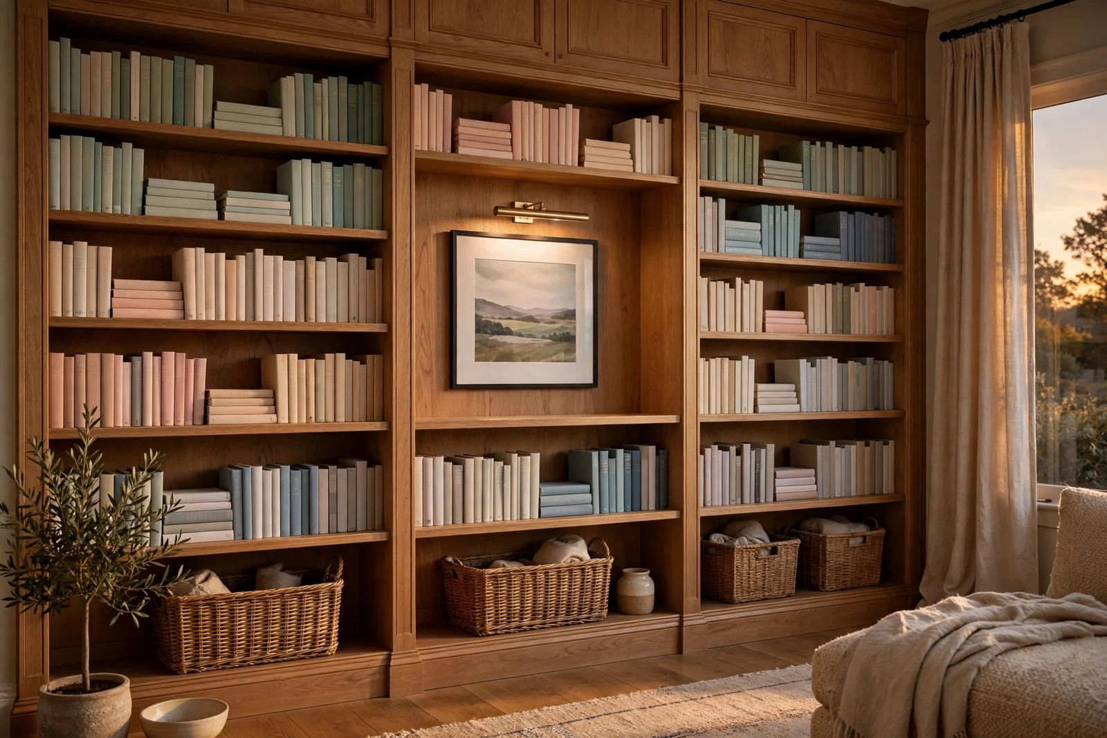 Warm built-in bookcases styled with books, baskets and soft lighting