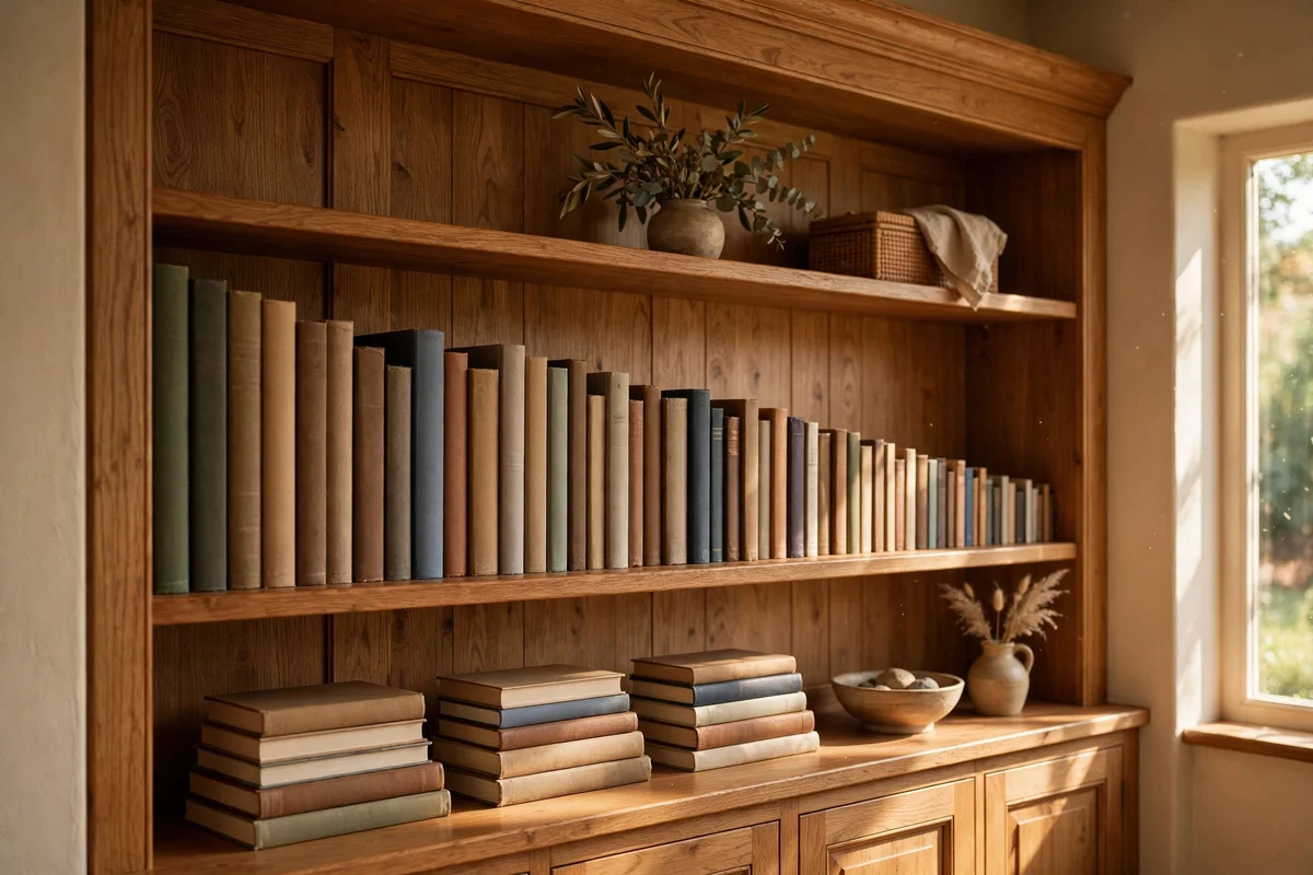 Books sorted by height in a gentle descending wave on built-in shelves