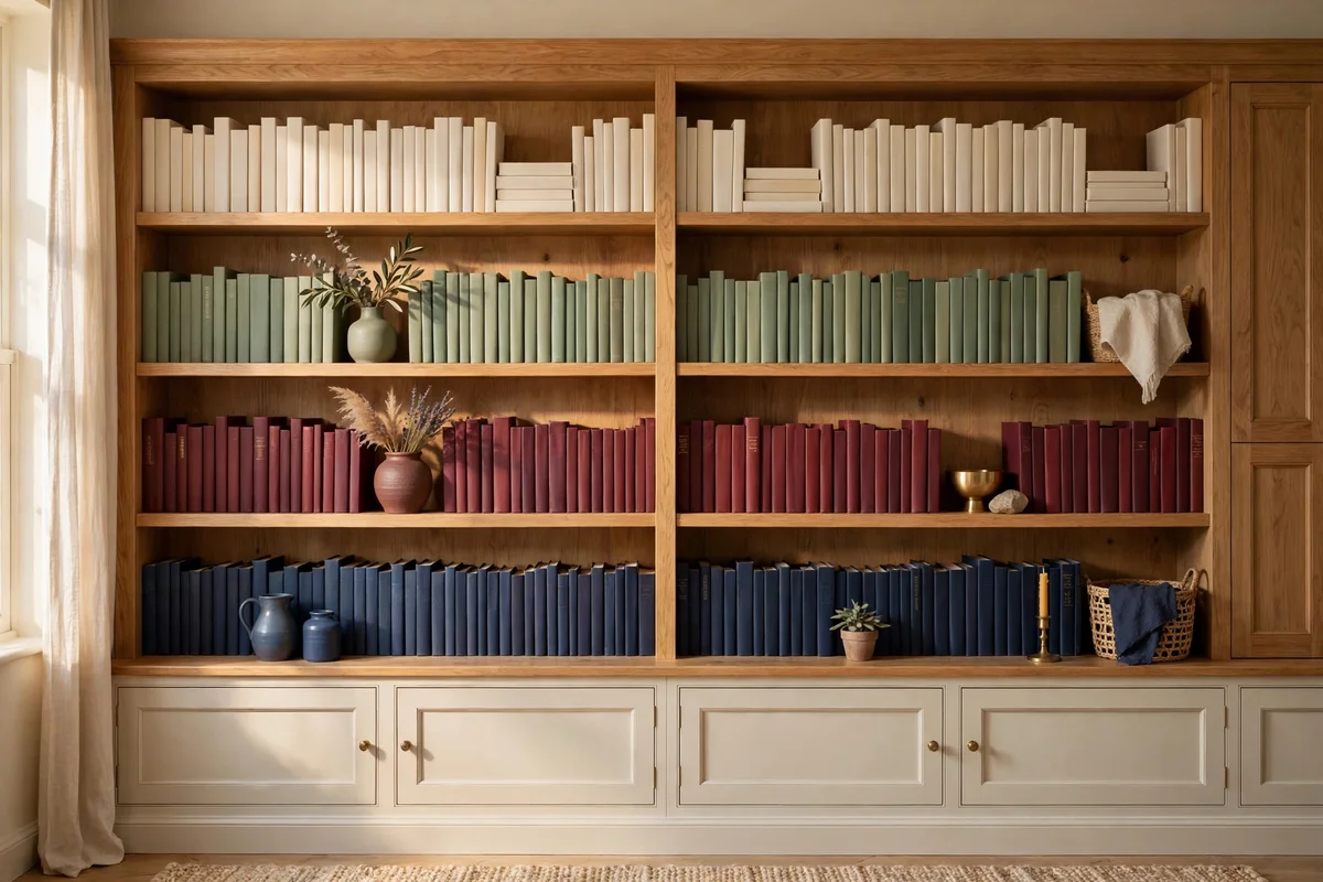 Books grouped in soft muted colour blocks on built-in bookshelves