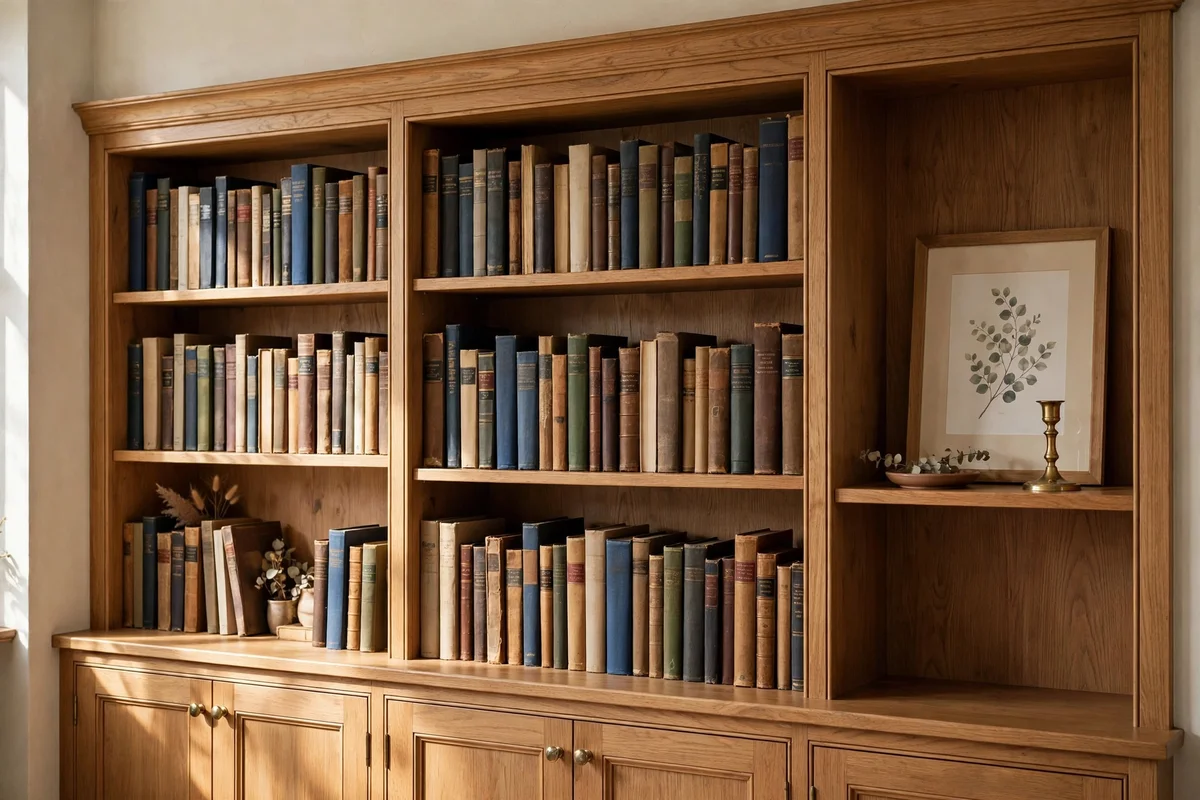 Shelf styled with two thirds books and one third decorative objects