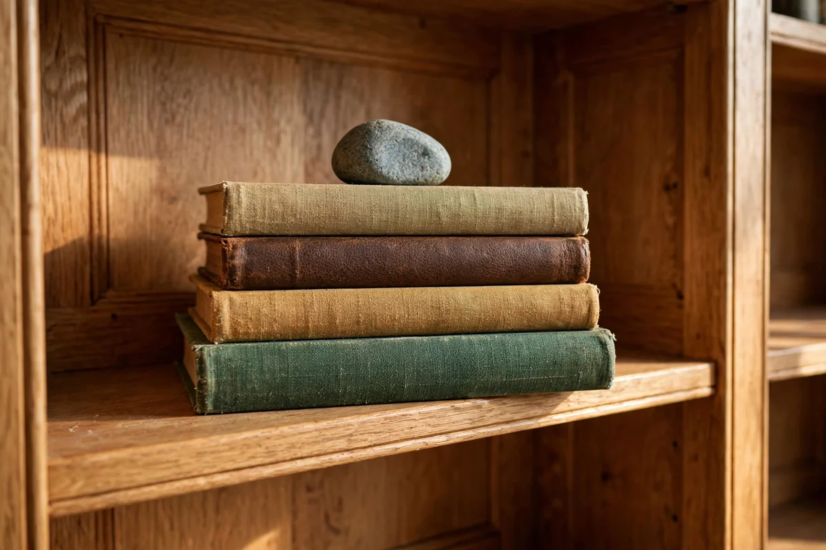 Horizontal book stack used as a plinth on a bookshelf