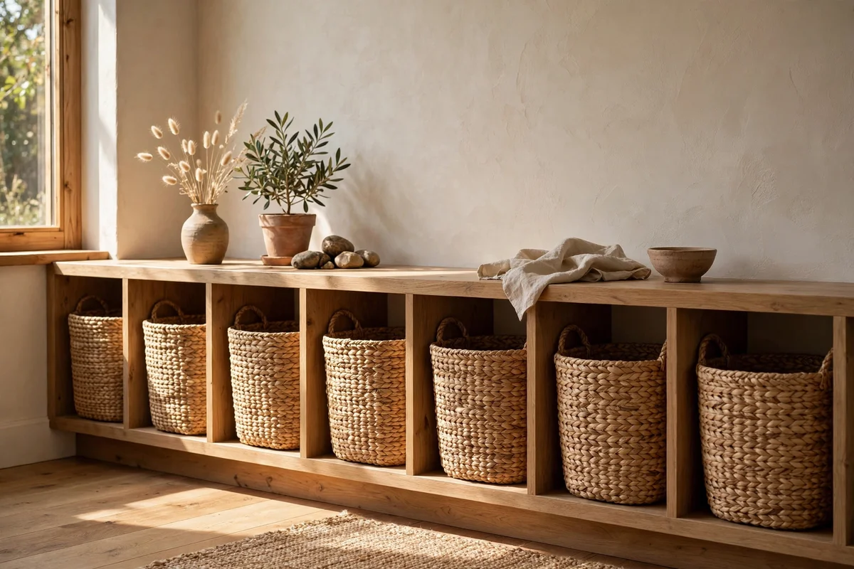 Woven baskets lined along the lowest built-in shelves