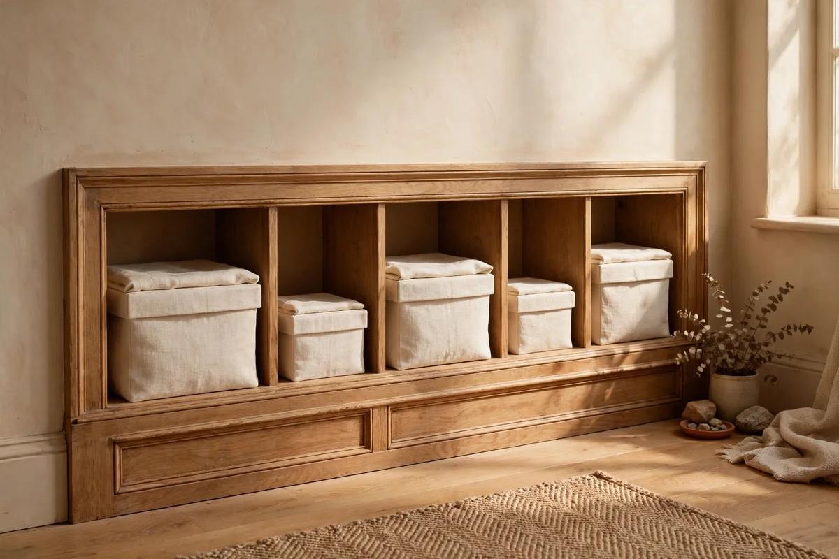 Matching lidded storage boxes on a low bookshelf