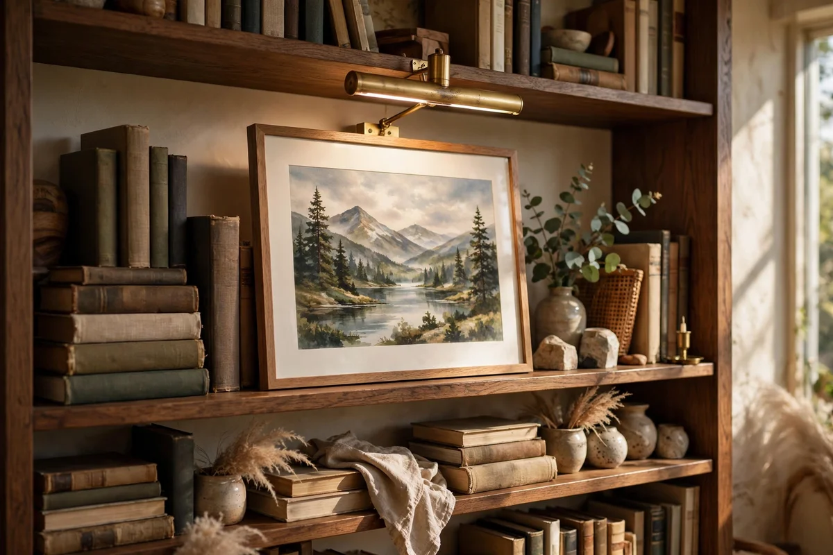 Brass picture light glowing over a framed print on shelves