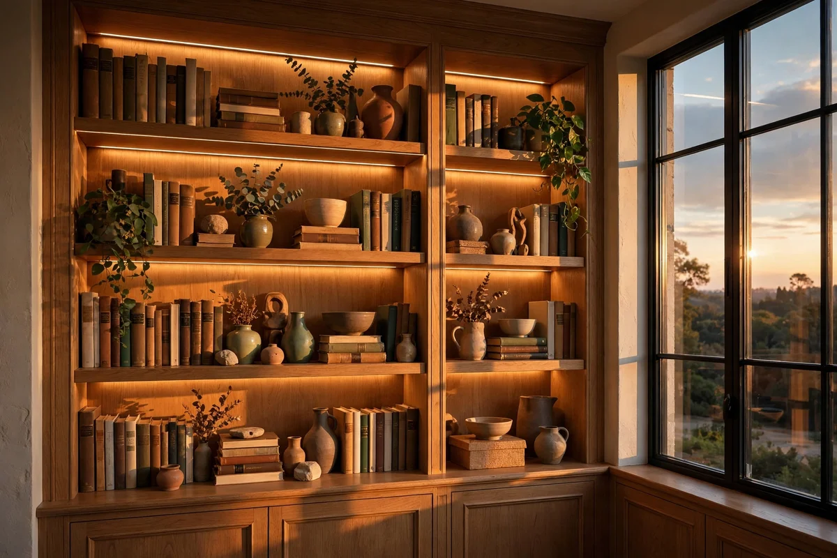 Warm LED strip lighting under built-in bookshelves