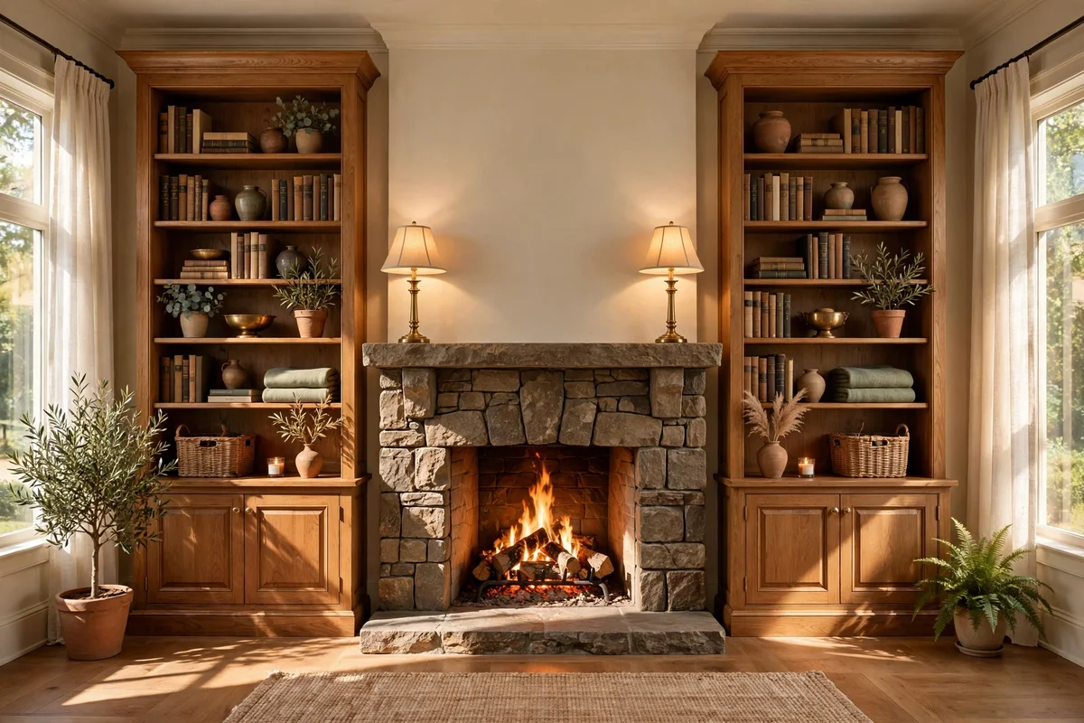 Mirrored bookcase towers on both sides of a fireplace